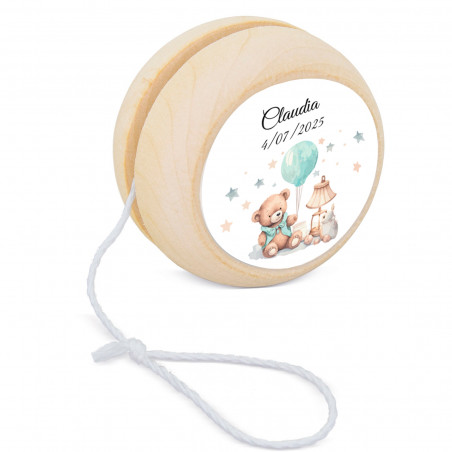 Yo-yo in legno personalizzato con adesivo per battesimo