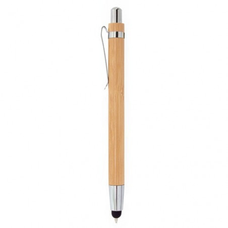 Biro in bambù con punta per schermi tattili e adesivo personalizzato.