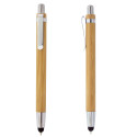Biro in bambù con punta per schermi tattili e adesivo personalizzato.