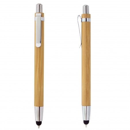 Biro in bambù con punta per schermi tattili e adesivo personalizzato.
