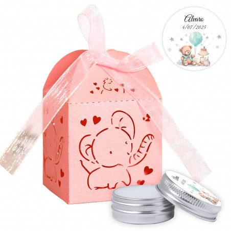 Balsamo per labbra personalizzato in una scatola a forma di elefante per bomboniere per il battesimo