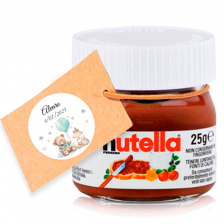Nutella 25 gr. con etichetta appesa personalizzata per dettagli battesimi