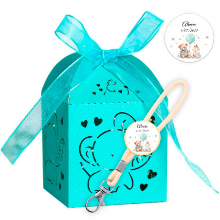 Portachiavi in bambù personalizzato in una scatola a forma di elefante per bomboniere per il battesimo