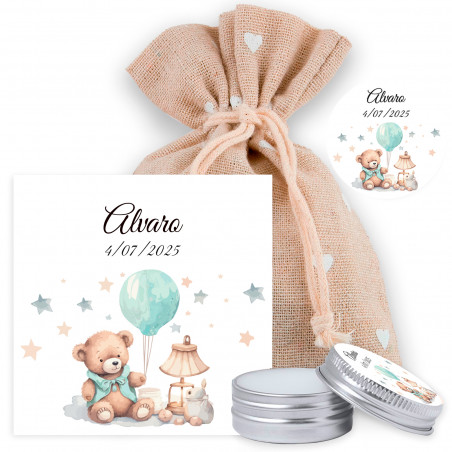 Balsamo per le labbra personalizzato con biglietto di ringraziamento personalizzato in un sacchetto di stoffa come bomboniera
