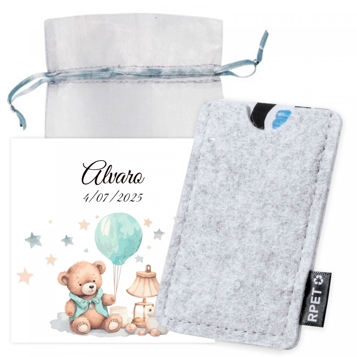 Portacarte in feltro con biglietto ricordo in sacchetto di organza