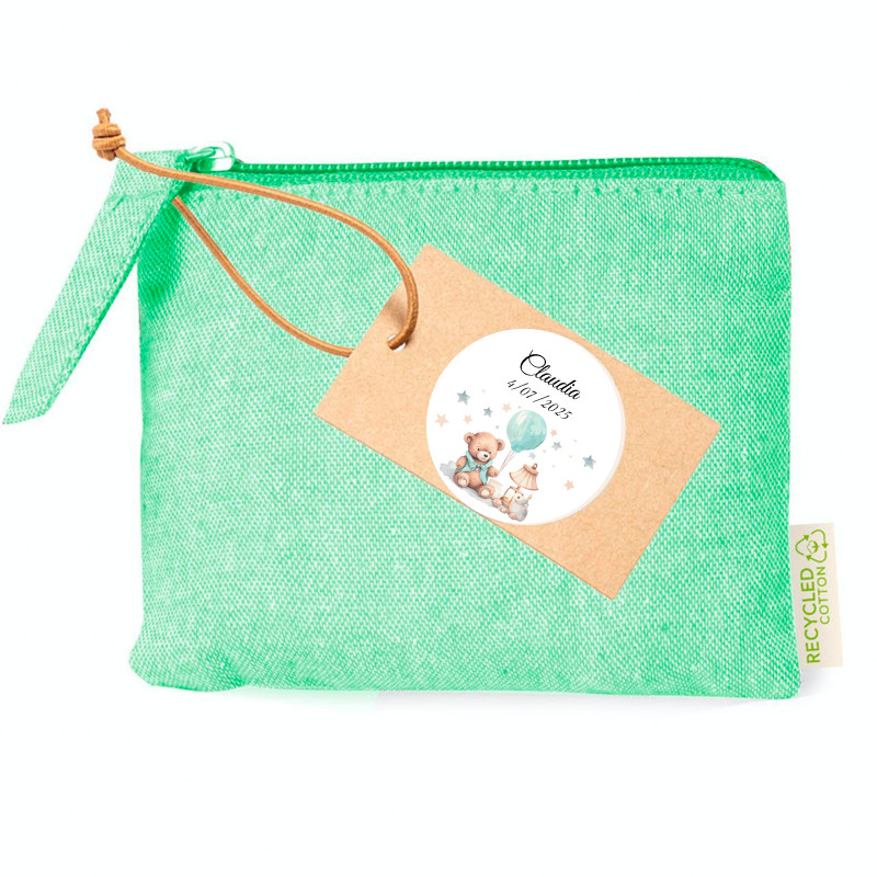 Portafoglio verde in cotone con etichetta e adesivo personalizzato per battesimi