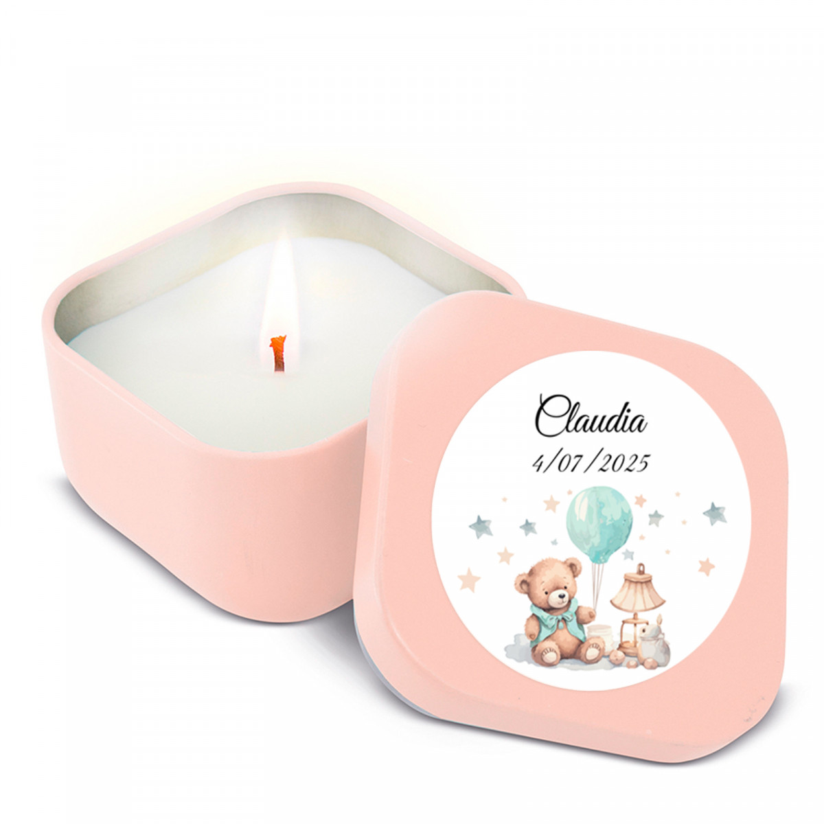 Candela profumata in scatola di metallo con coperchio e adesivo personalizzato per battesimi