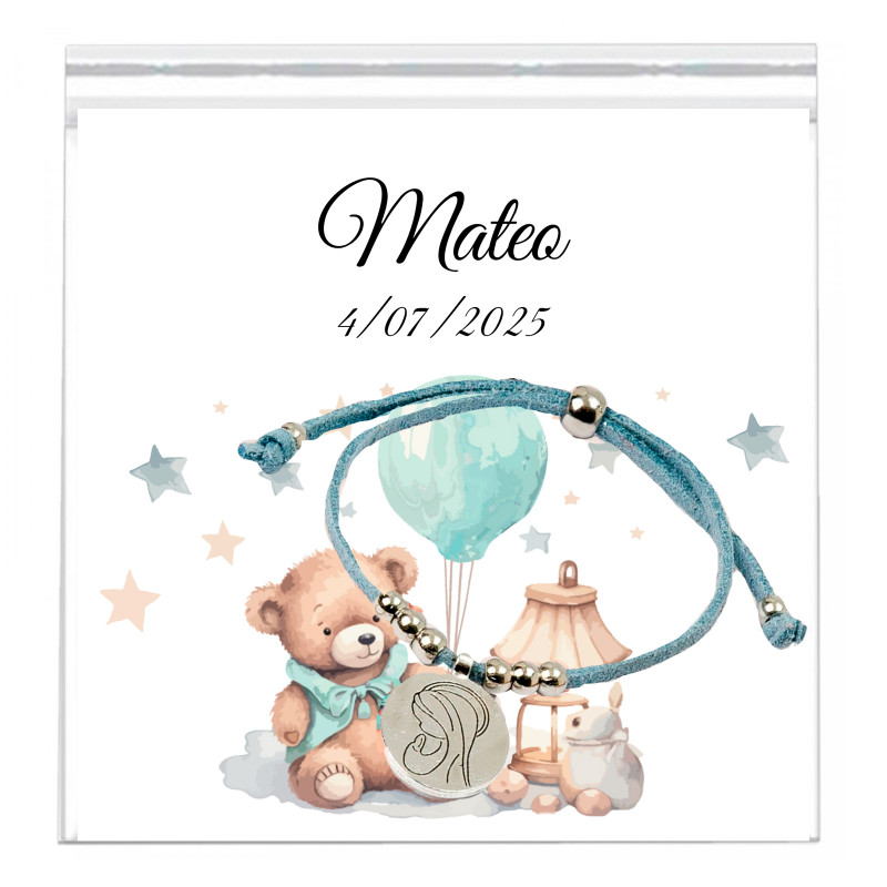 Bracciale con medaglia della Vergine Maria e biglietto promemoria personalizzato in busta trasparente per dettagli battesimo