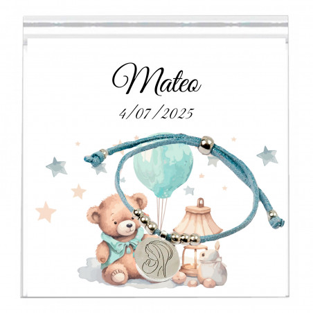 Bracciale con medaglia della Vergine Maria e biglietto promemoria personalizzato in busta trasparente per dettagli battesimo