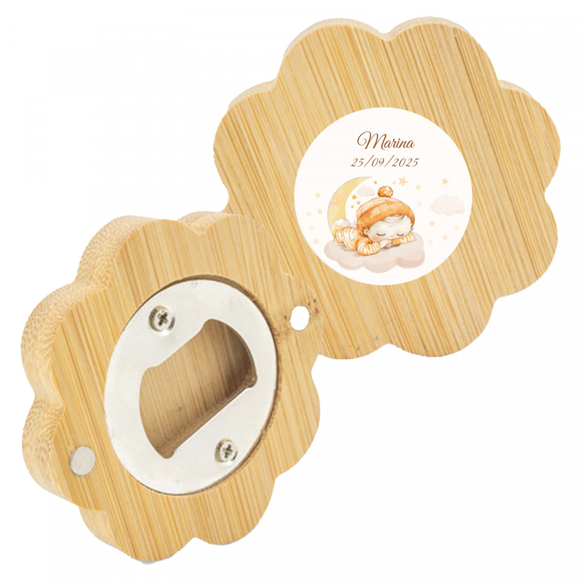 Apribottiglie in bambù magnetico a forma di fiore con adesivo personalizzato per battesimi