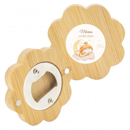 Apribottiglie in bambù magnetico a forma di fiore con adesivo personalizzato per battesimi