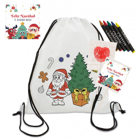 Zaino per bambini da colorare con pastelli inclusi e lecca-lecca personalizzato con adesivo natalizio