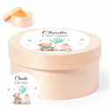 Scatola rotonda con coperchio in legno e adesivo unisex personalizzato per il battesimo
