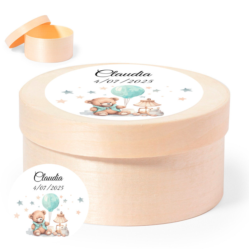 Scatola rotonda con coperchio in legno e adesivo unisex personalizzato per il battesimo