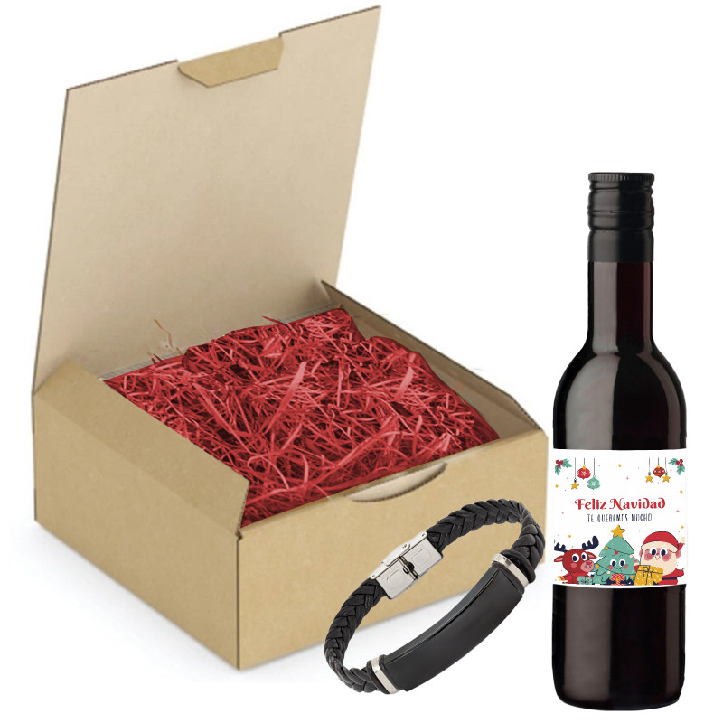 Vino rosso con adesivo personalizzato natalizio e bracciale in acciaio presentato in scatola per dettagli