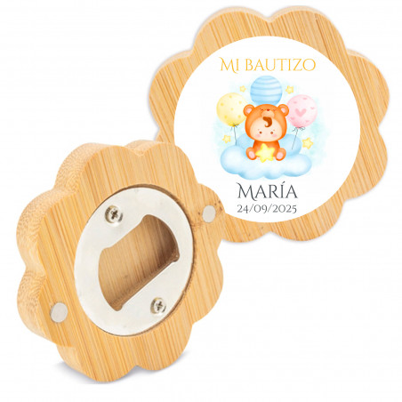 Apriscatole in bambù a forma di fiore con adesivo personalizzabile per dettagli