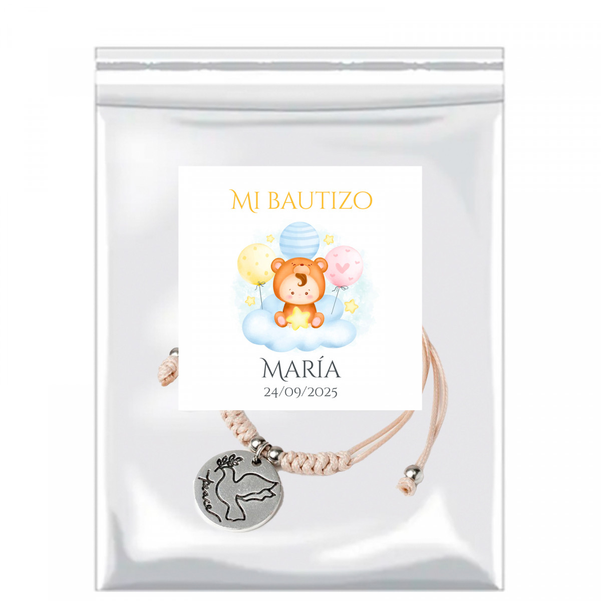 Bracciale con medaglia decorativa in sacchetto con adesivo personalizzabile per dettagli