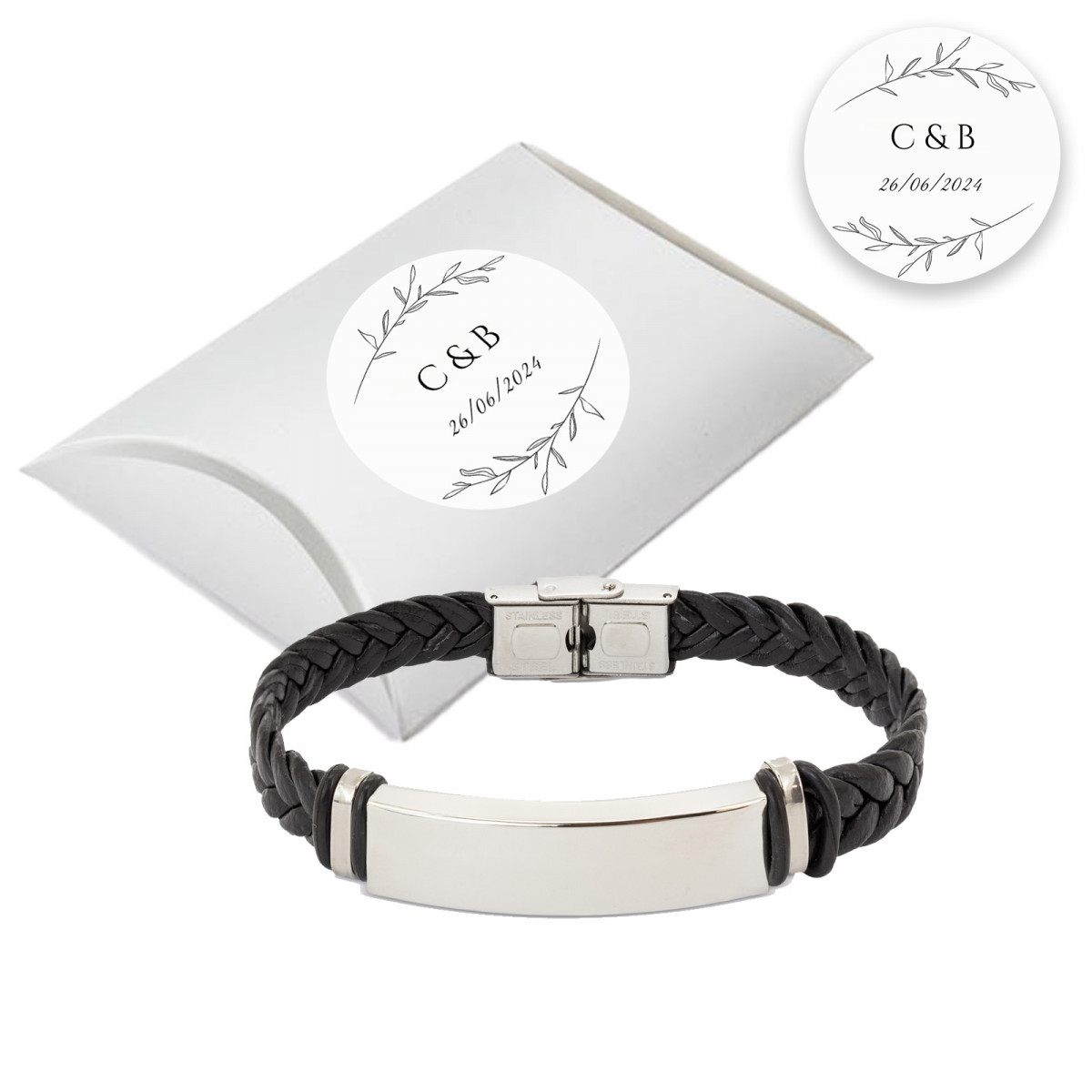 Bracciale in acciaio per uomo presentato in una scatola argentata di cartone con adesivo personalizzato per eventi