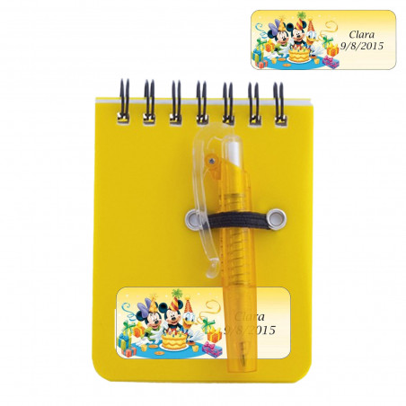 Quaderno con penna personalizzata con adesivo di Topolino e amici per compleanni