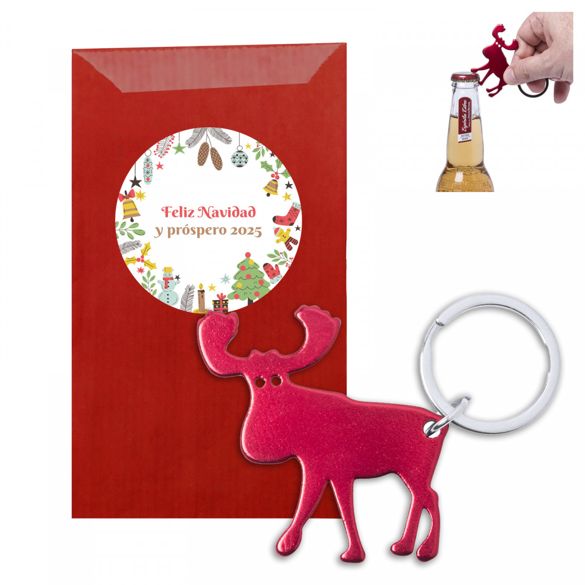 Portachiavi apribottiglie a forma di renna di colore rosso in busta di carta kraft con adesivo personalizzato di Natale per