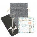 Portachiavi argentato con charm di comunione in astuccio di presentazione e borsa nera in cotone e biglietto per comunione di
