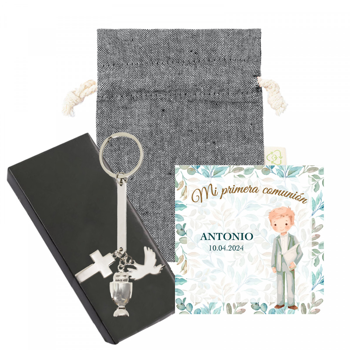 Portachiavi argentato con charm di comunione in astuccio di presentazione e borsa nera in cotone e biglietto per comunione di