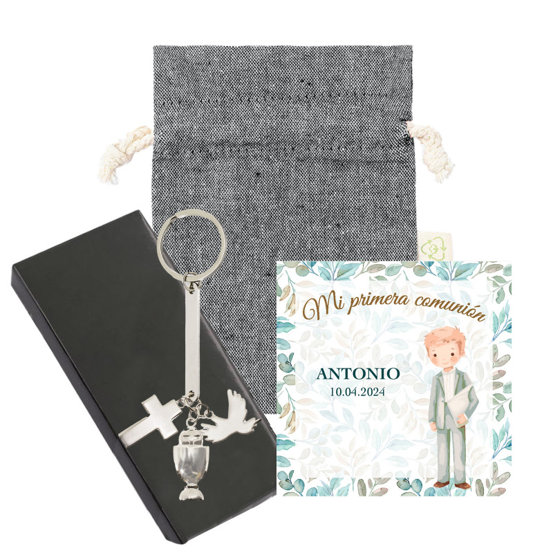 Portachiavi argentato con charm di comunione in astuccio di presentazione e borsa nera in cotone e biglietto per comunione di