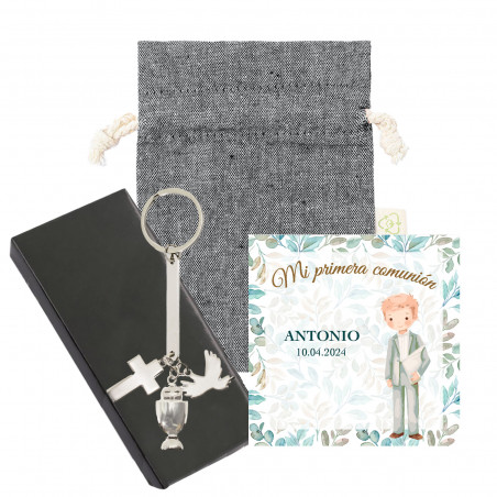 Portachiavi argentato con charm di comunione in astuccio di presentazione e borsa nera in cotone e biglietto per comunione di