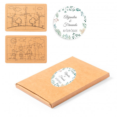 Puzzle ecologici presentati in scatola con adesivo personalizzabile per i dettagli.