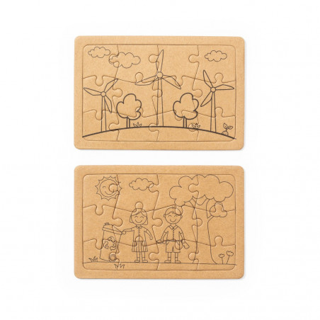 Puzzle ecologici presentati in scatola con adesivo personalizzabile per i dettagli.