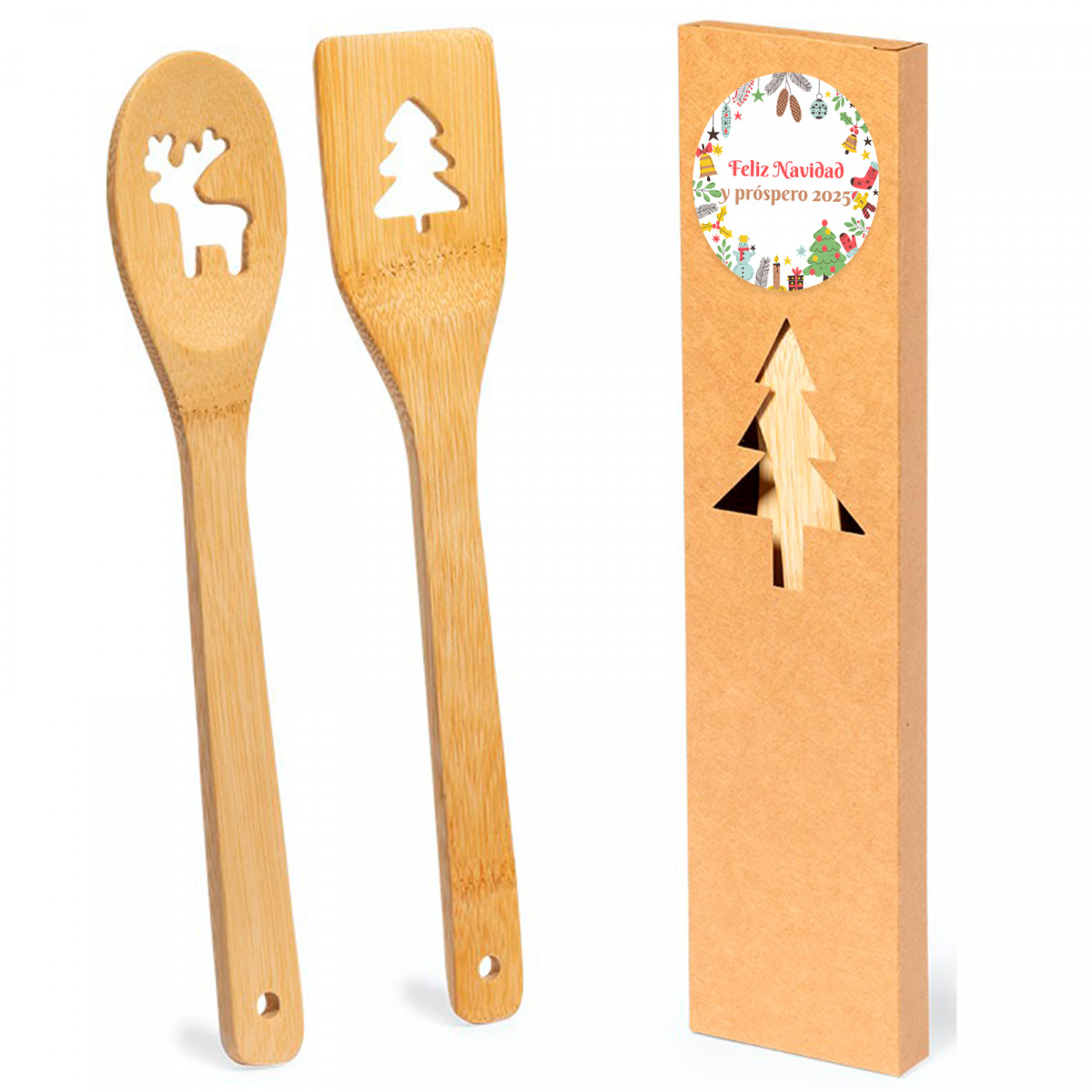 Cucchiaio e spatola in bambù con decorazioni natalizie presentati in confezione natalizia con adesivo personalizzabile per