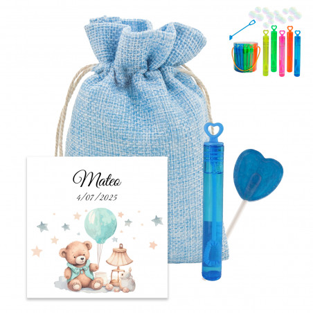 Minipompiere con lecca-lecca in borsa di stoffa con biglietto personalizzato per battesimi