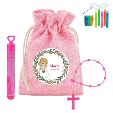 Rosario infantile fucsia con minipompero in borsa rosa personalizzata per comunione bambina