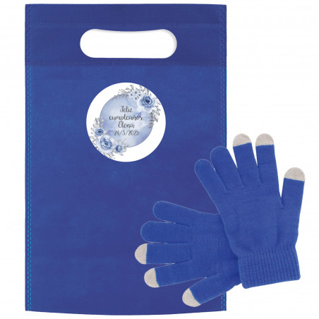 Guanti tattili blu in borsa metallica con adesivo personalizzabile e modificabile
