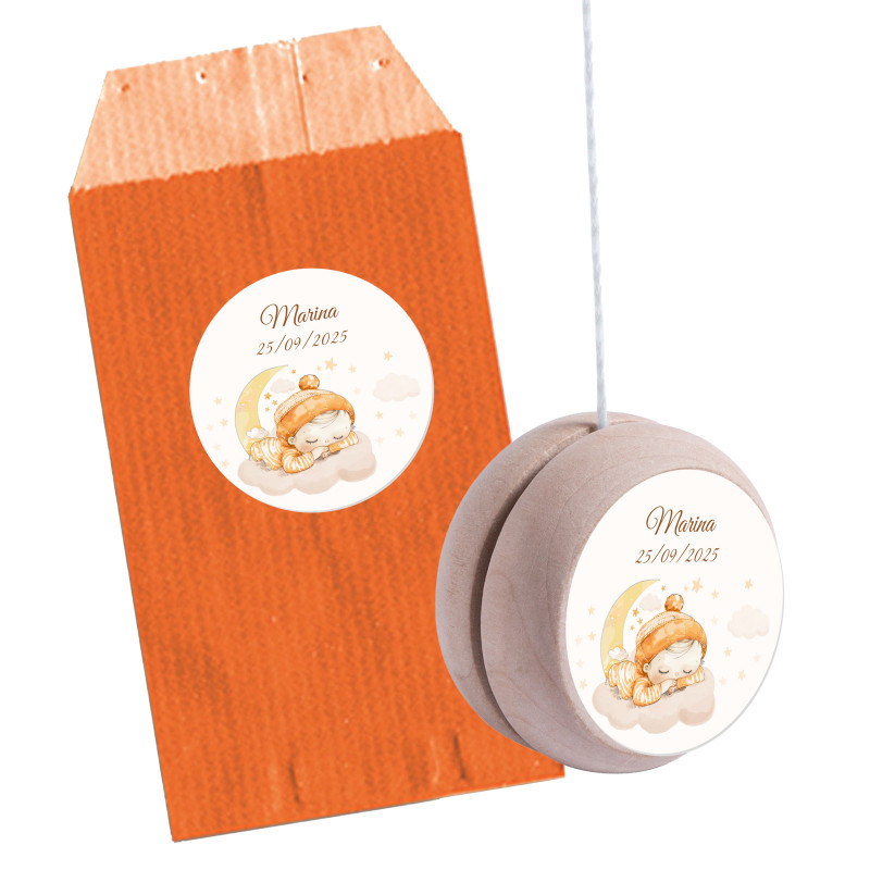 Yoyò di legno personalizzato con adesivo per bambini in busta arancione personalizzata