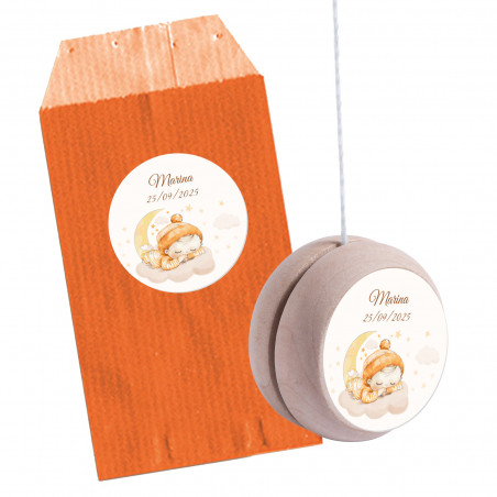 Yoyò di legno personalizzato con adesivo per bambini in busta arancione personalizzata