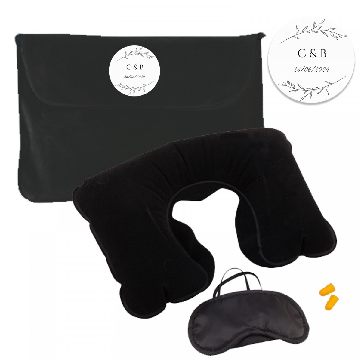 Set da viaggio di colore nero con adesivo minimalista personalizzabile per matrimoni