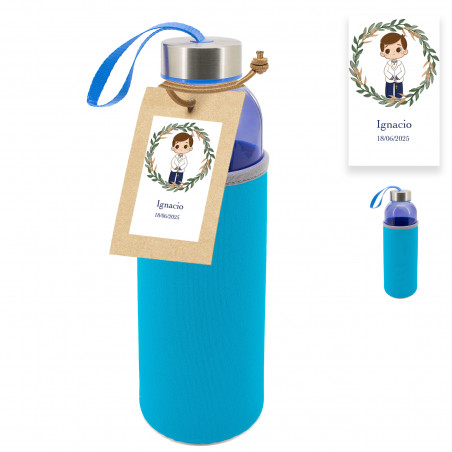 Bottiglia blu di vetro con etichetta personalizzata con adesivo di comunione per bambino