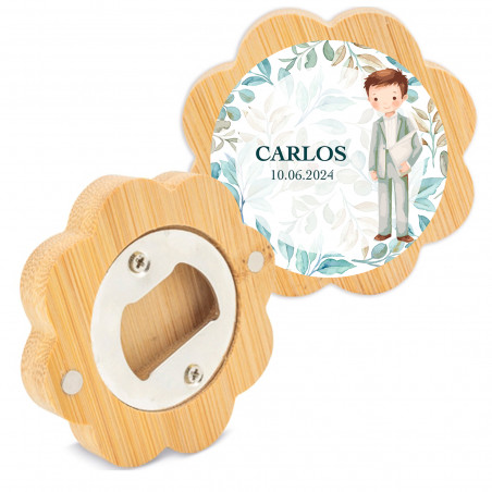 Apribottiglie in bambù a forma di fiore con adesivo di comunione per bambino per dettagli
