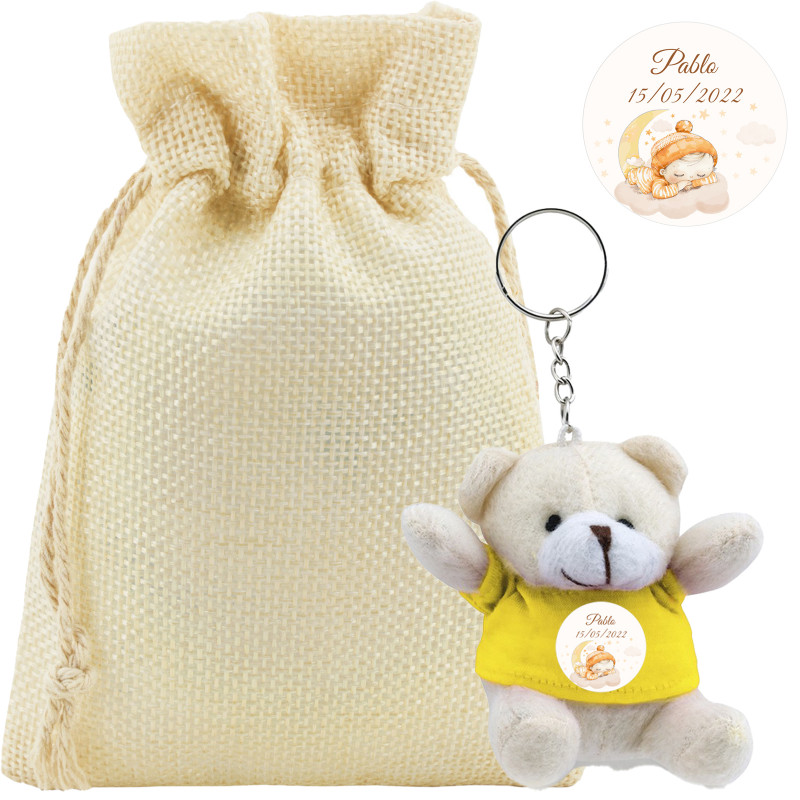 Portachiavi di peluche personalizzato in sacchetto di tela per battesimi