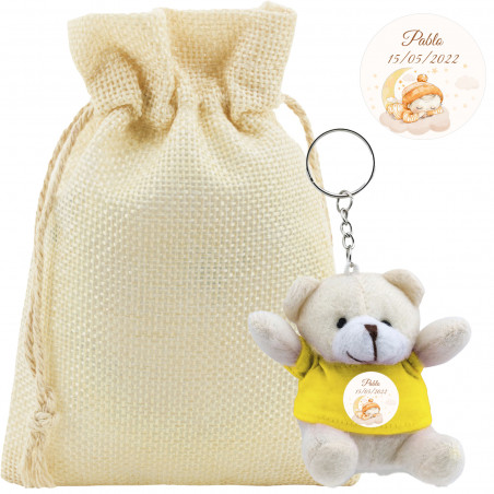 Portachiavi di peluche personalizzato in sacchetto di tela per battesimi