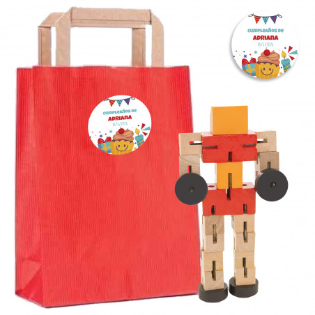 Gioco di abilità transformer in legno in sacchetto di kraft rosso e adesivo per compleanni