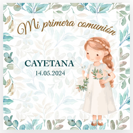 Rosario in legno con tau in borsa bianca di organza e biglietto ricordo di comunione per bambina