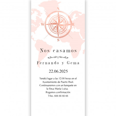 Invito verticale con mappa del mondo per matrimoni ed eventi