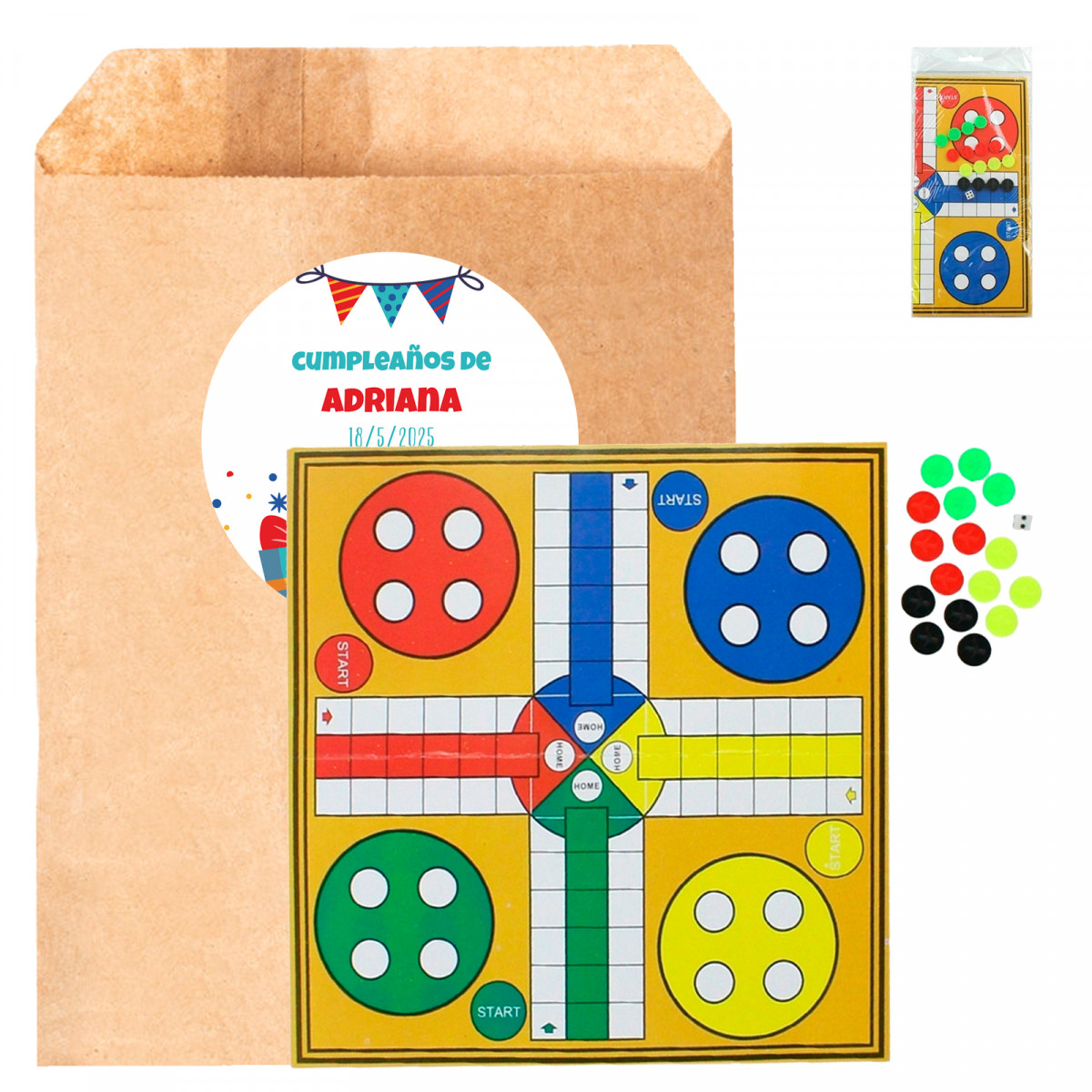 Parchís in busta kraft con adesivo di compleanno personalizzato