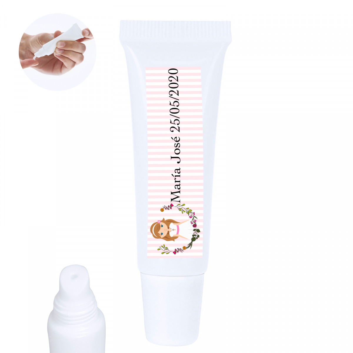 Balsamo labiale in barattolo con adesivo 5x1cm di comunione per bambina personalizzabile