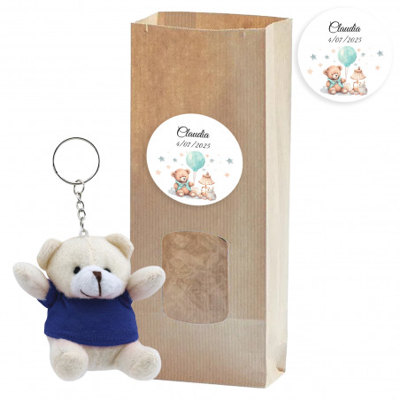 Portachiavi orsetto di peluche in busta di carta con finestra e adesivo personalizzato per battesimi