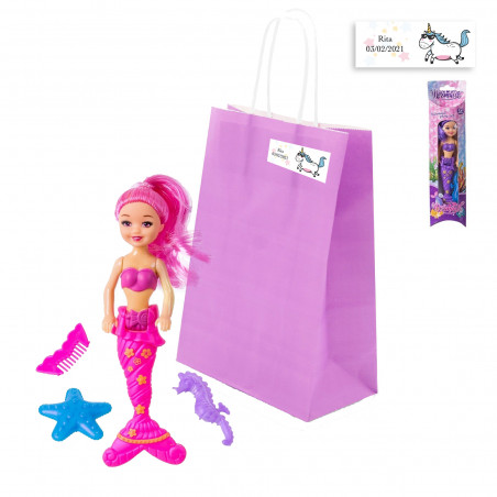 Bambola sirena con accessori in borsa viola con adesivo di unicorno per gli invitati