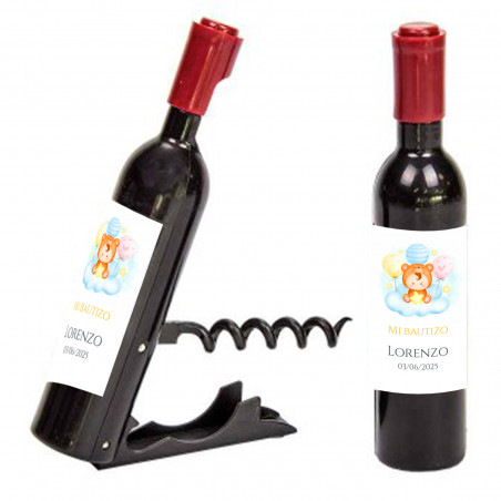 Cavatappi per bottiglia di vino con adesivo di battesimo per bambino a nuvola personalizzabile per dettagli