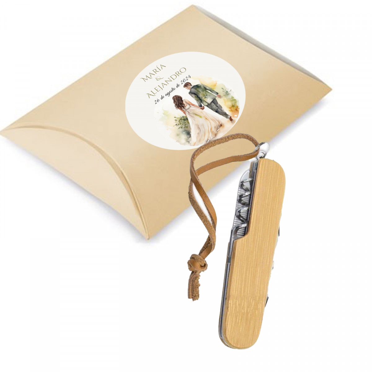 Coltello multifunzione in bambù in scatola personalizzata per matrimonio
